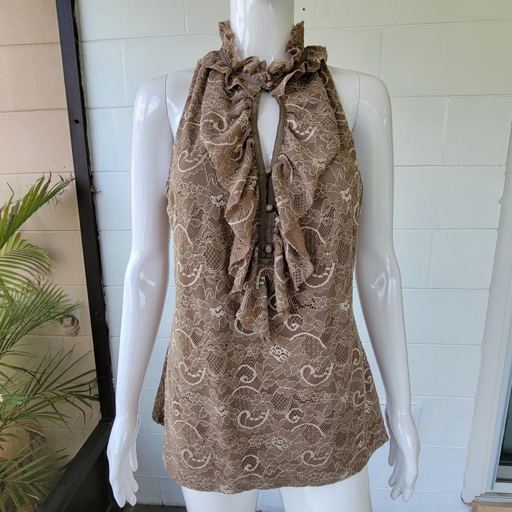 Bisou Bisou Lace Halter Top Brown Women's L Ruffle Victorian Romantic, Coquette